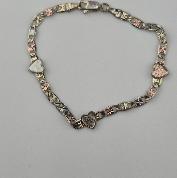 8" Italian 18K Solid Gold Tri Color Heart Bracelet 4.52g 750 Italy Textured - Picture 8 of 13